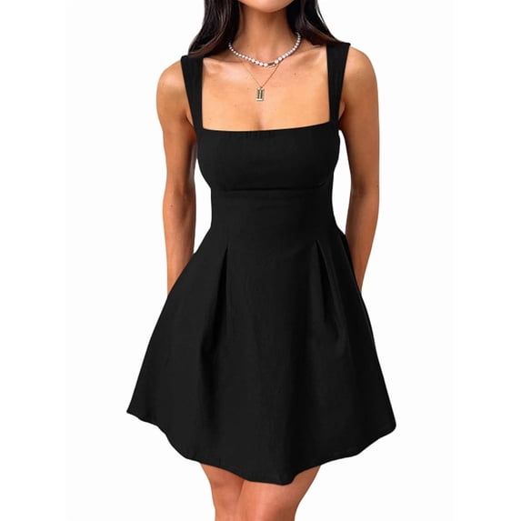 Women's Sleeveless Square Neck Adjustable Straps Tie Back A-Line Mini Party Club Dress