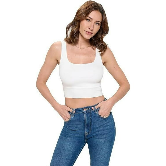Women's Sleeveless Square Neck Crop Top, Basic Slim Fit Shirt,Trendy Spring Summer(Off White Large Size)