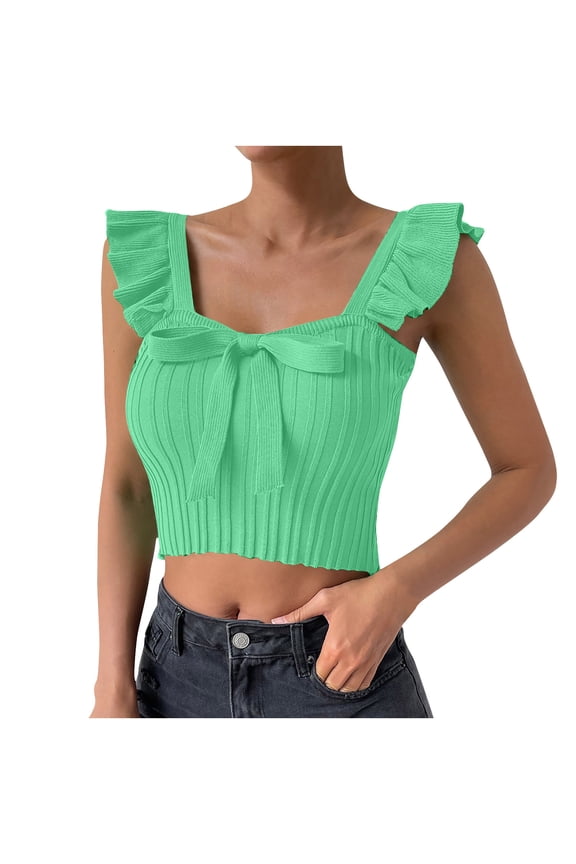 Women’s Sleeveless Square Neck Ruffle Trim Crop Tops Elegant Soft Stretchy Camisoles Parties Banquet Wedding Blouses