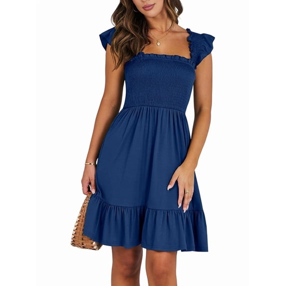 Women's Sleeveless Square Neck Smocked Ruffle Backless Boho Short Sundress Dress for Summer Beach Navy Blue L