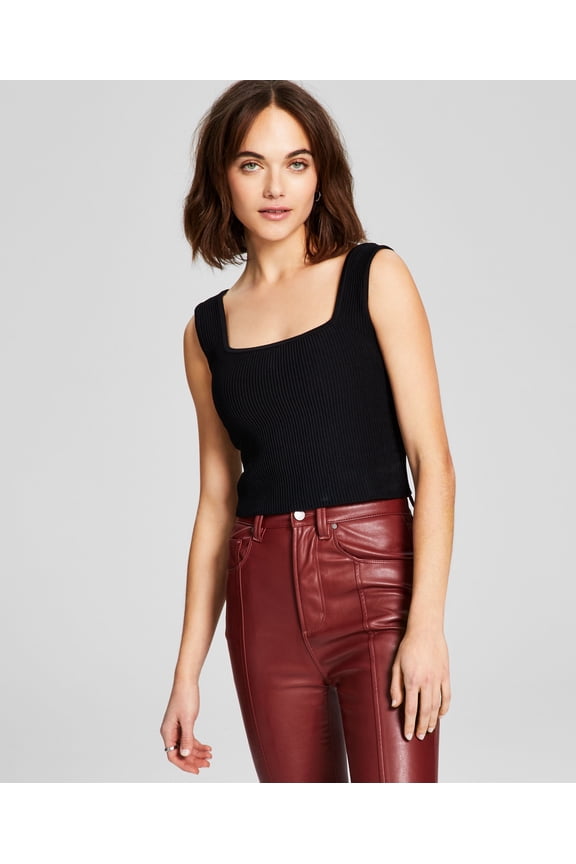 Women's Sleeveless Square-Neckline Ottoman Cropped Top Black M