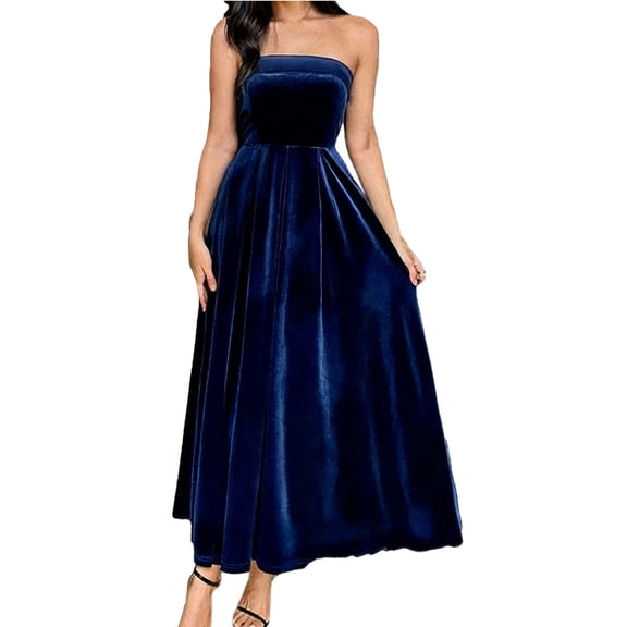 Women's Sleeveless Strapless Dresses Oversized Elegant Evening Gown Maxi Long Dresses Womens Casual Solid Velvet Off Shoulder Party Prom Dresses Loose Holiday Party Long Evening Dress