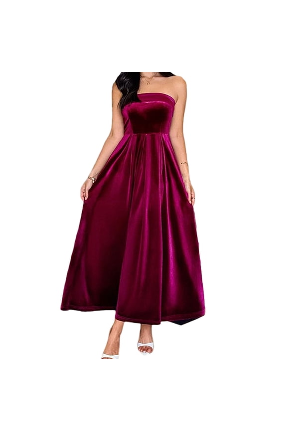 Women's Sleeveless Strapless Dresses Oversized Elegant Evening Gown Maxi Long Dresses Womens Casual Solid Velvet Off Shoulder Party Prom Dresses Loose Holiday Party Long Evening Dress