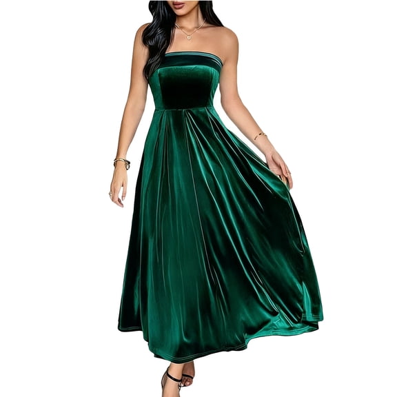 Women's Sleeveless Strapless Dresses Oversized Elegant Evening Gown Maxi Long Dresses Womens Casual Solid Velvet Off Shoulder Party Prom Dresses Loose Holiday Party Long Evening Dress
