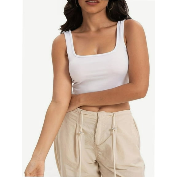 Women's Sleeveless Strappy Tank Square Neck Double Layer Workout Fitness Casual Basic Crop Tops