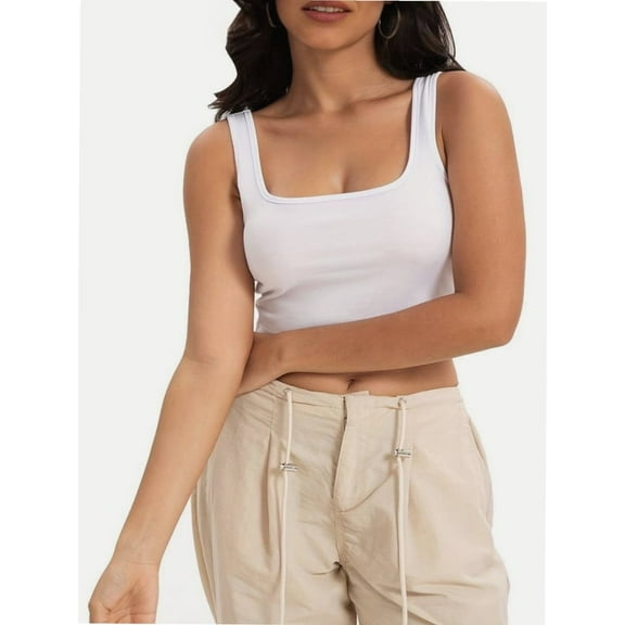 Women's Sleeveless Strappy Tank Square Neck Double Layer Workout Fitness Casual Basic Crop Tops