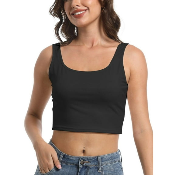 Women's Sleeveless Strappy Tank Square Neck Double Layer Workout Fitness Casual Basic Crop Tops