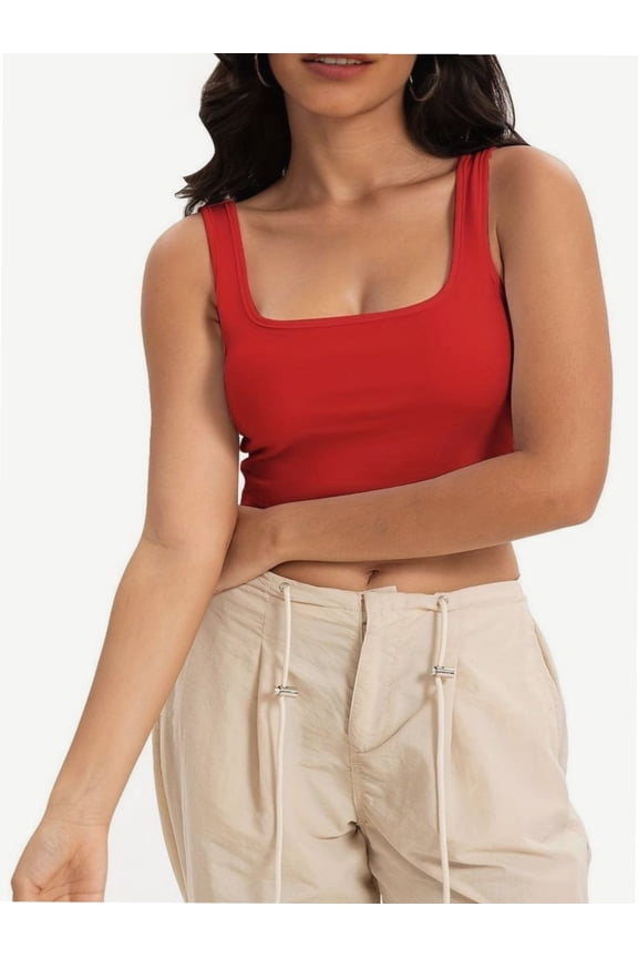 Women's Sleeveless Strappy Tank Square Neck Double Layer Workout Fitness Casual Basic Crop Tops