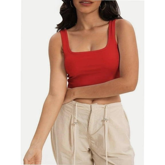 Women's Sleeveless Strappy Tank Square Neck Double Layer Workout Fitness Casual Basic Crop Tops