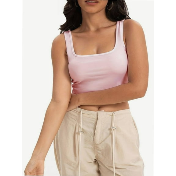 Women's Sleeveless Strappy Tank Square Neck Double Layer Workout Fitness Casual Basic Crop Tops