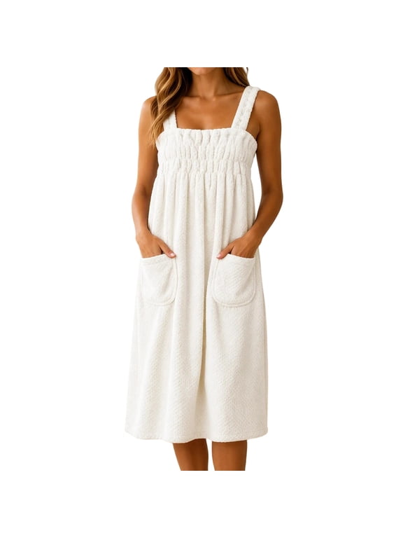 Women's Sleeveless Strappy Wraparound Robe Solid Color Pockets Absorbent Midi Loose All Season Ladies Bath Cover up White