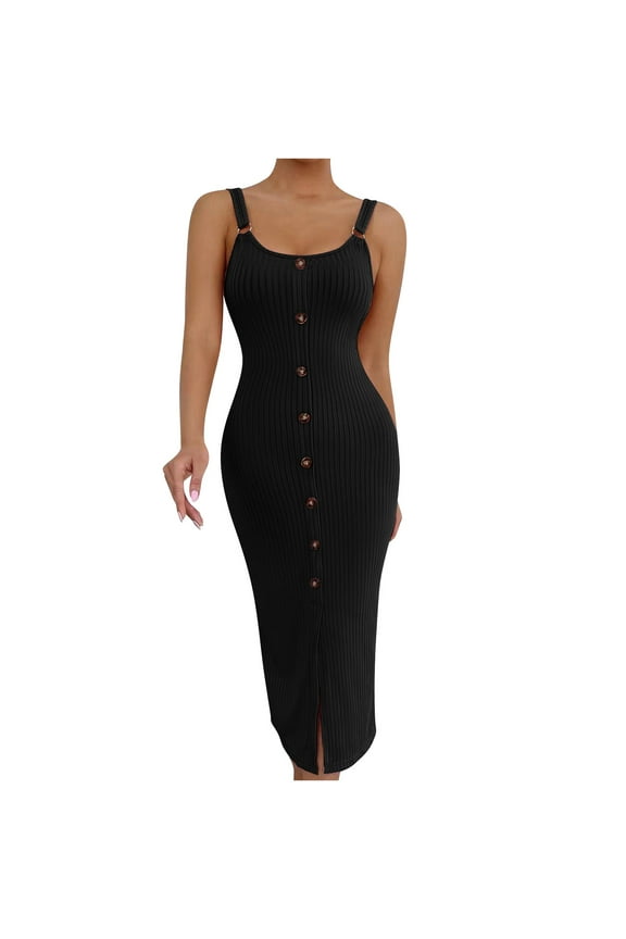 Women's Sleeveless Straps Bodycon Maxi Dresses Casual Button Down Slim Fit Long Dresses Simple Comfy Dress