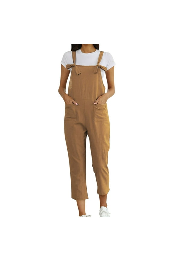Women's Sleeveless Straps Dual Pockets Tie Front Plus Size Overall Jumpsuit Casual Solid Color Loose Rompers Trousers