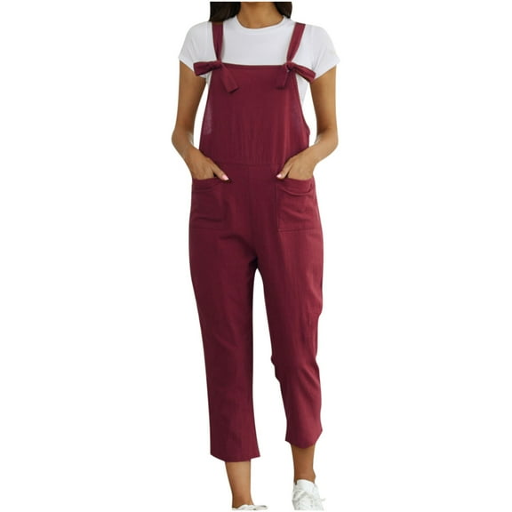 Women's Sleeveless Straps Dual Pockets Tie Front Plus Size Overall Jumpsuit Casual Solid Color Loose Rompers Trousers