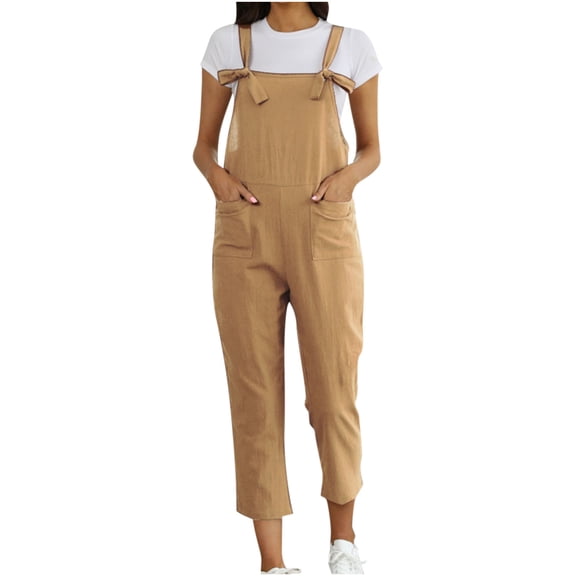 Women's Sleeveless Straps Dual Pockets Tie Front Plus Size Overall Jumpsuit Casual Solid Color Loose Rompers Trousers