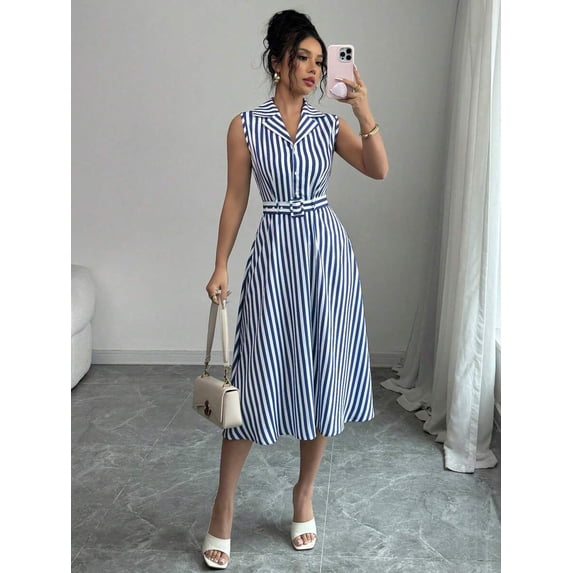 Women's Sleeveless Stripe Midi Dress with Collar and Belt - Summer Casual Dress