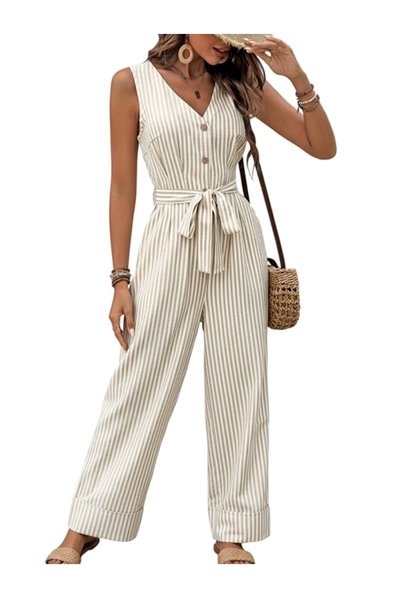 Women's Sleeveless Striped Jumpsuits Loose Button Neck Rompers Clothing for Casual Summer Khaki S