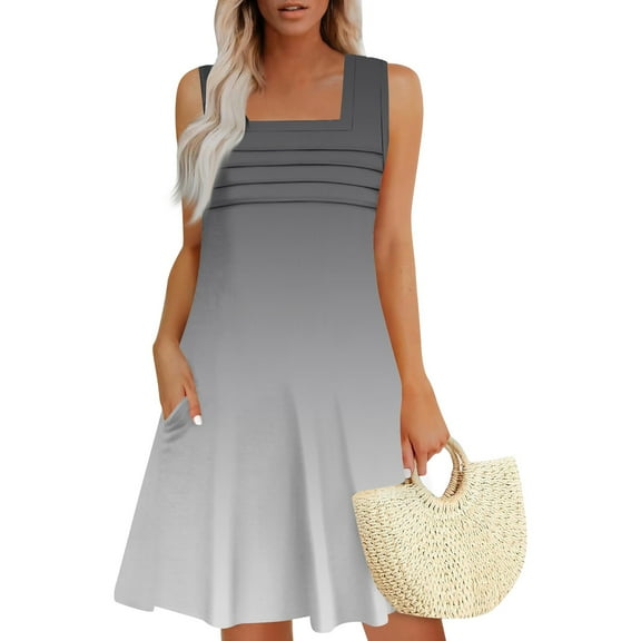 Women's Sleeveless Striped Pleated Dress Summer Casual Shift Dress with Petal Hem and Contrast Collar for Weekend Brunch,Gray 2XL