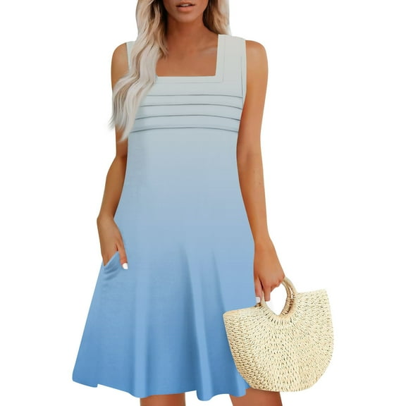 Women's Sleeveless Striped Pleated Dress Summer Casual Shift Dress with Petal Hem and Contrast Collar for Weekend Brunch,Sky Blue XL