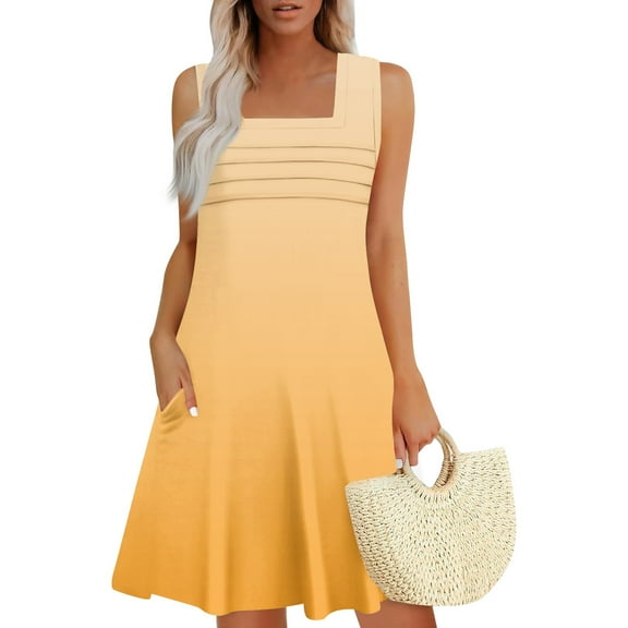 Women's Sleeveless Striped Pleated Dress Summer Casual Shift Dress with Petal Hem and Contrast Collar for Weekend Brunch,Yellow S