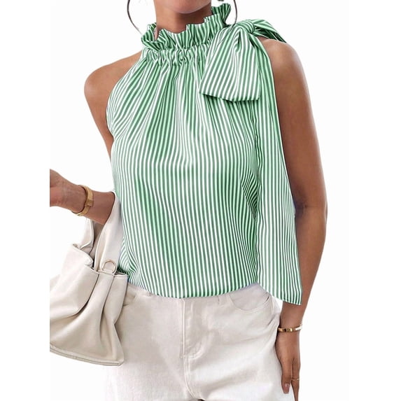 Women's Sleeveless Striped Ruffle Tank Tops High Necked Tie Top Blouse for Daily Wear Light Green L