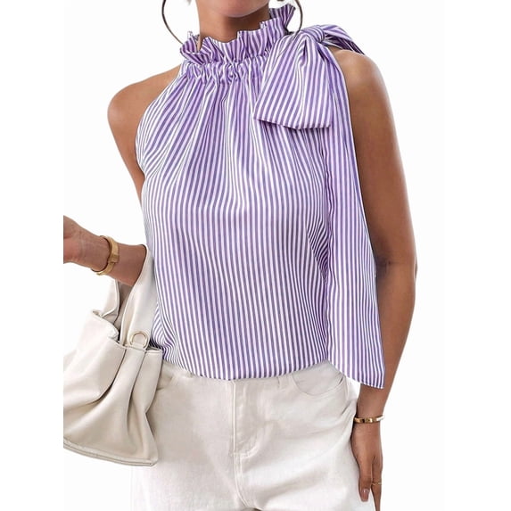 Women's Sleeveless Striped Ruffle Tank Tops High Necked Tie Top Blouse for Daily Wear Purple M