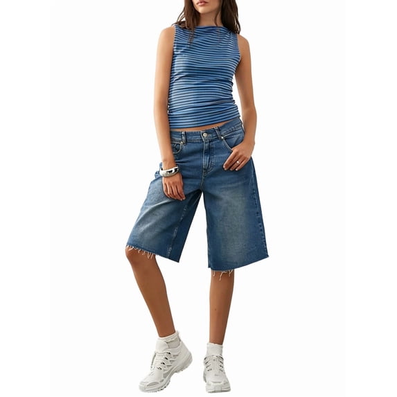 Women's Sleeveless Striped Slim Fit Crop Boat Neck Tops Tank Top for Summer Blue M