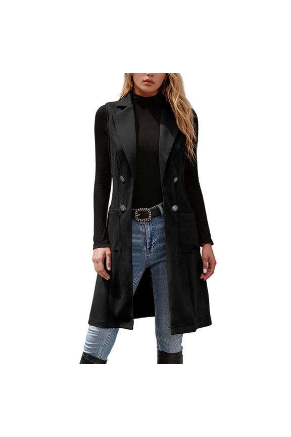 Women's Sleeveless Suede Long Vest Casual Lapel Open Front Duster Vest Color: Black Size: XL