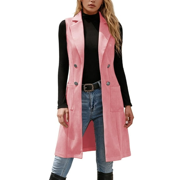 Women's Sleeveless Suede Long Vest Casual Lapel Open Front Duster Vest Color: Pink Size: XXL