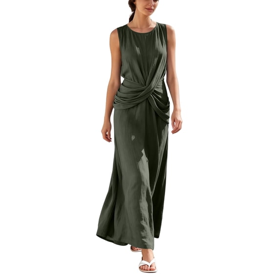 Women's Sleeveless Summer Maxi Dress, Elegant Ruched Cross Front Swing Wedding Guest Casual Dresses