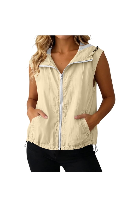 Women’s Sleeveless Sun Protection Vest Zip Up Hoodie Jacket Lightweight Outdoor Shirt with Pockets Beige XL
