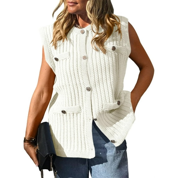 Women's Sleeveless Sweater Vest with Button Up Cable Knit Crew Neck Trendy Casual Loose Summer Cardigan