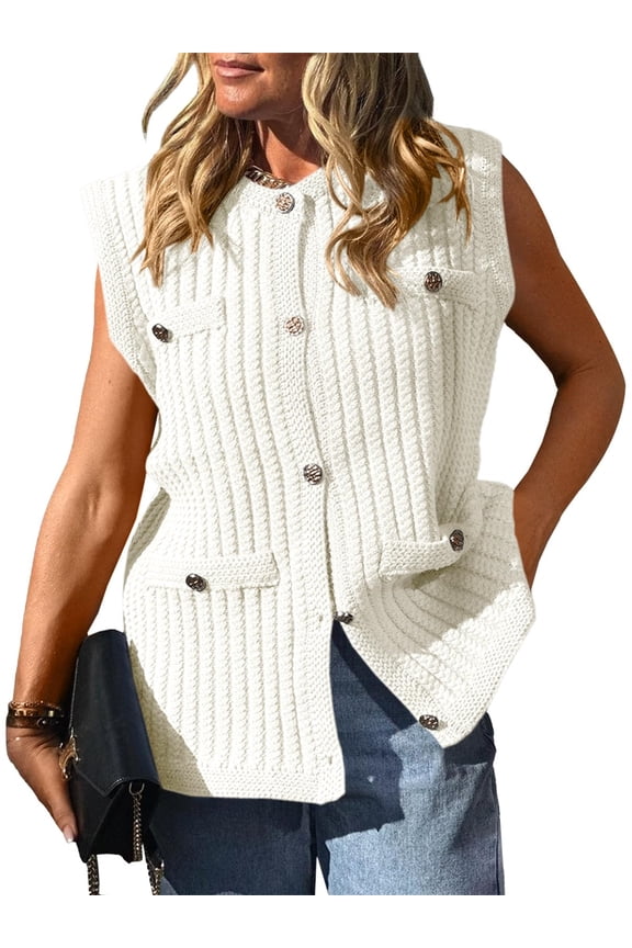 Women's Sleeveless Sweater Vest with Button Up Cable Knit Crew Neck Trendy Casual Loose Summer Cardigan