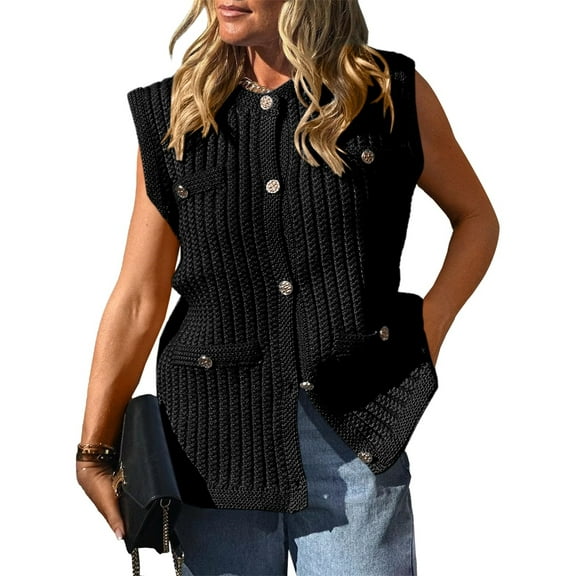 Women's Sleeveless Sweater Vest with Button Up Cable Knit Crew Neck Trendy Casual Loose Summer Cardigan