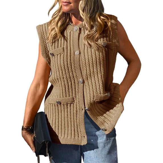 Women's Sleeveless Sweater Vest with Button Up Cable Knit Crew Neck Trendy Casual Loose Summer Cardigan