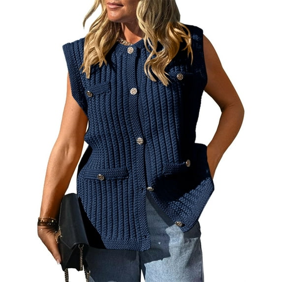 Women's Sleeveless Sweater Vest with Button Up Cable Knit Crew Neck Trendy Casual Loose Summer Cardigan