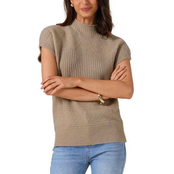 INSPIRE CHIC Women's Vest Sweater Mock Neck Cap Sleeve Knit Pullover Casual Sweater Tops M Camel