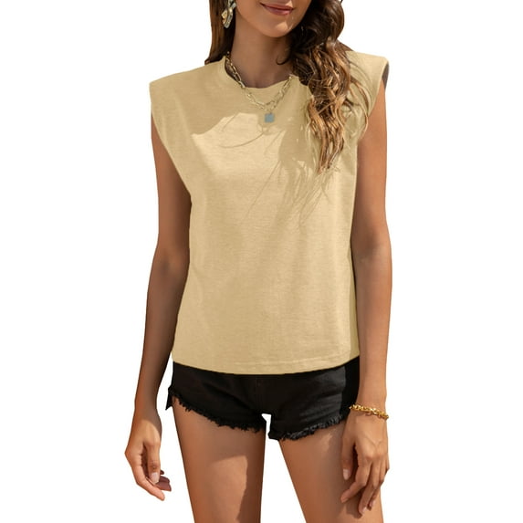 Women's Sleeveless T-Shirt Casual Summer Shoulder Pad Crew Neck Tank Top Tee, Khaki, Large