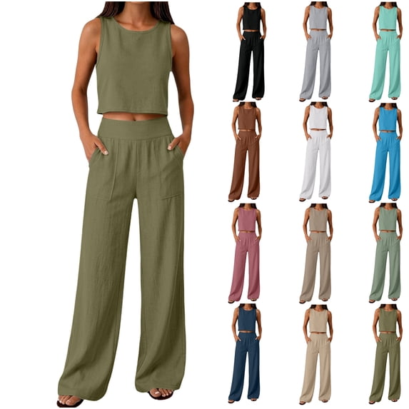 Women's Sleeveless Tank Exposed Navel Side Pockets Wide Legs Pants Set Suit,Loose Fit Solid Color 2 Piece Outfits Summer Streetwear Lounge Matching Set for Daily Wear