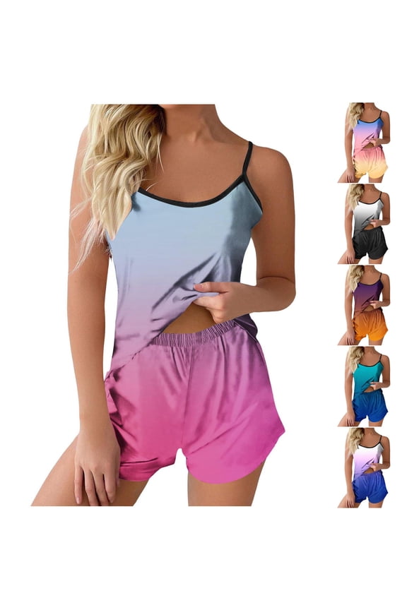 Women's Sleeveless Tank Top And Shorts Pajama Set, Gradient Splicing Casual Loungewear, Soft Stretchy Sleepwear | TOPLIU,Yellow XL