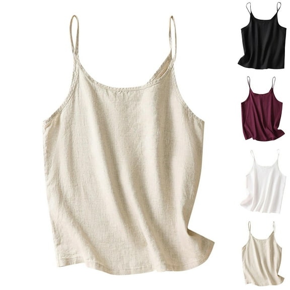 Women's Sleeveless Tank Top Beige Cotton and Linen Solid Color Short Style Split Summer Sleeveless Tops M