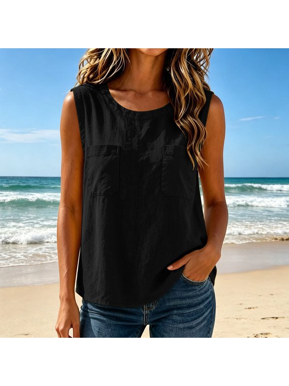Women's Sleeveless Tank Top Crew Neck Loose Fit Solid Color Double Front Patch Pockets Casual Blouse Lightweight Breathable Textured Linen Summer Shirts for Summer Daily Vacation Outfits