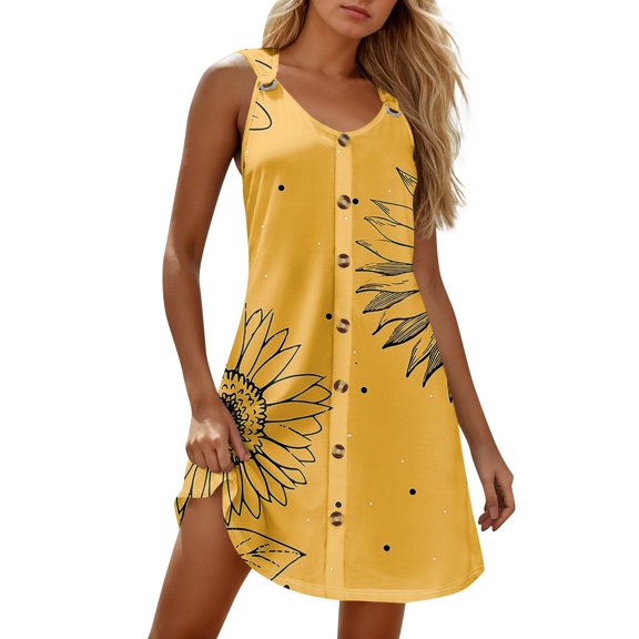 Women's Sleeveless Tank Top Dress Floral Print Beach Cover-Up with Side Slits and Breathable Polyester for Boardwalk Strolls,Yellow 3XL