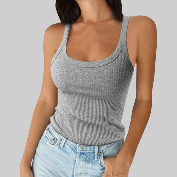Women's Sleeveless Tank Top Form Fitting Scoop Neck Ribbed Knit Basic Cami Shirts Gray XL