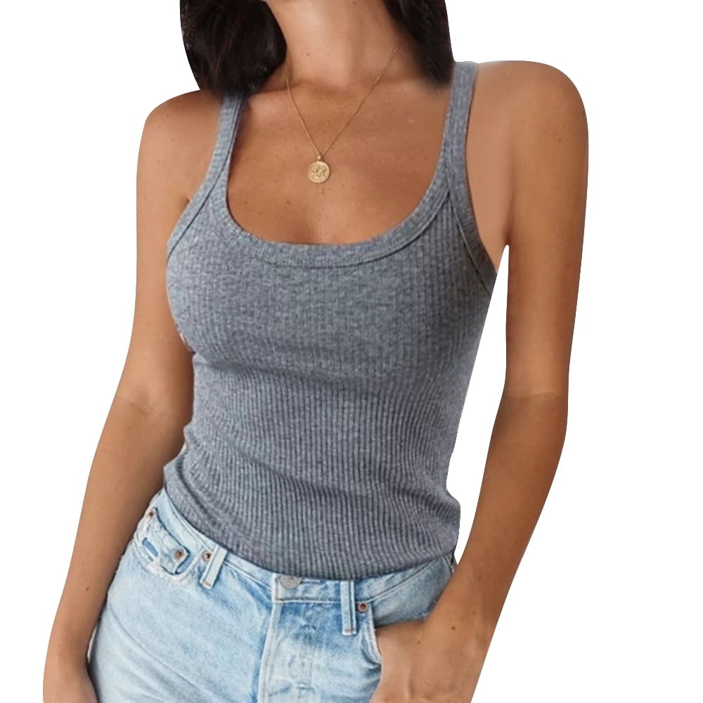 Womens Scoop Henley Crop Tank Tops Ribbed Fitted Sleeveless