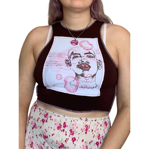 Women's Sleeveless Tank Tops, Portrait Pattern Letter Printed Patchwork Round Neck Vest