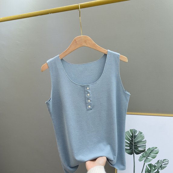Women's Sleeveless Tank Tops Ribbed Knit Cotton Button Round Neck T Shirts Summer Slim Fitting Tee Tops Light Blue One Size
