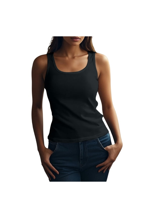 Women's Sleeveless Tank Tops Ribbed Knit Neck Form Fitting Tops Basic Casual Shirt for All Day Comfort by Gbobgt Black M
