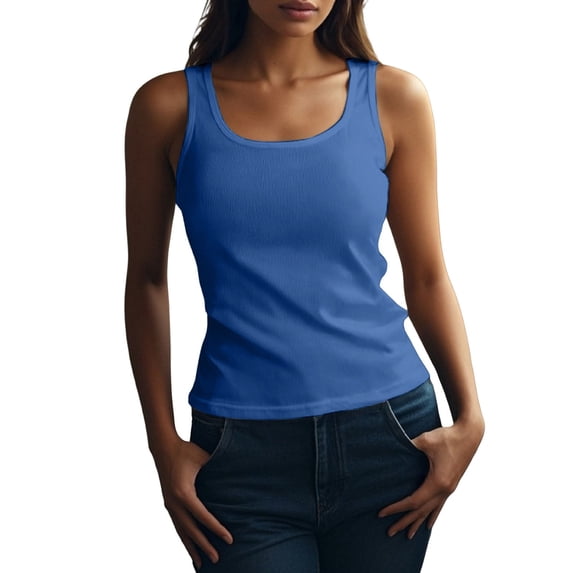 Women's Sleeveless Tank Tops Ribbed Knit Neck Form Fitting Tops Basic Casual Shirt for All Day Comfort by Gbobgt Blue 2XL