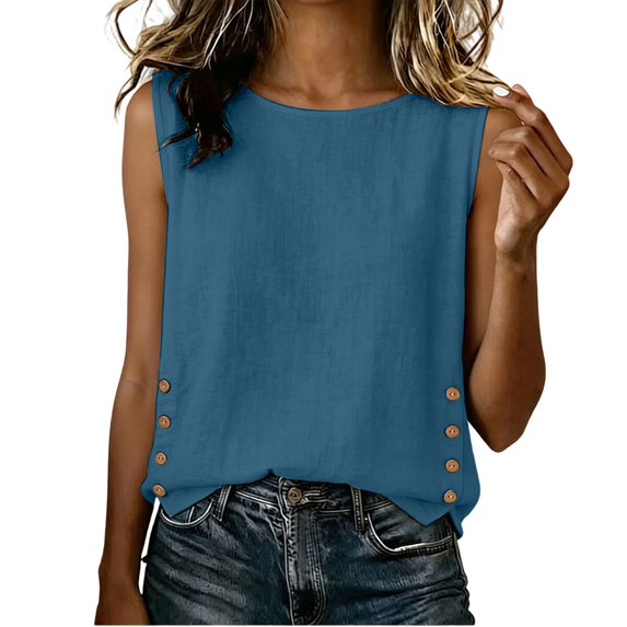 Women's Sleeveless Tank Tops Textured Loose Tunic Tops Button Slit Hem Casual Layering Shirts Solid Basic Tank Shirts Fashion Outfit Blue